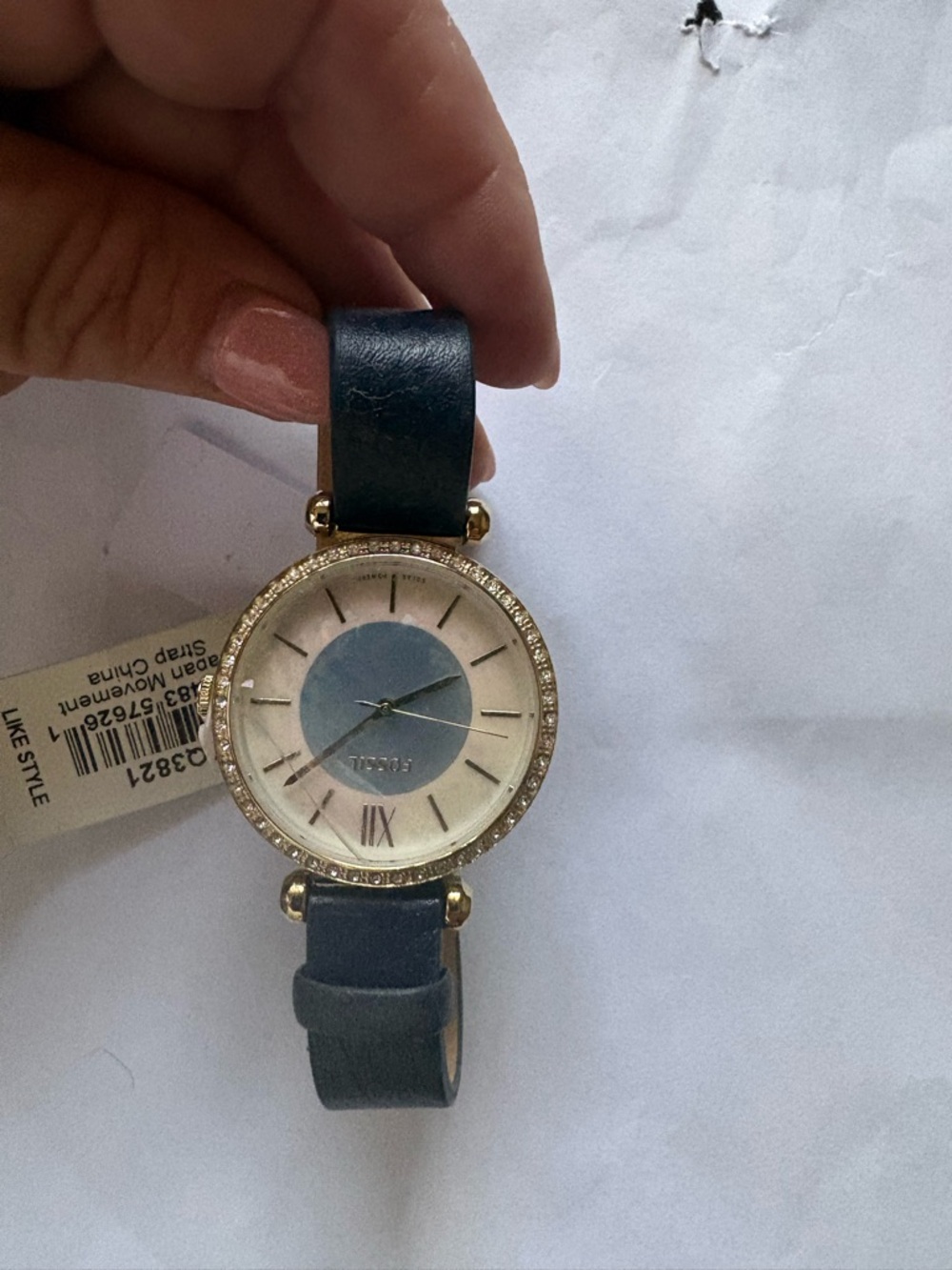 Fossil Blue Leather Strap Watch with Gold Crystal Bezel